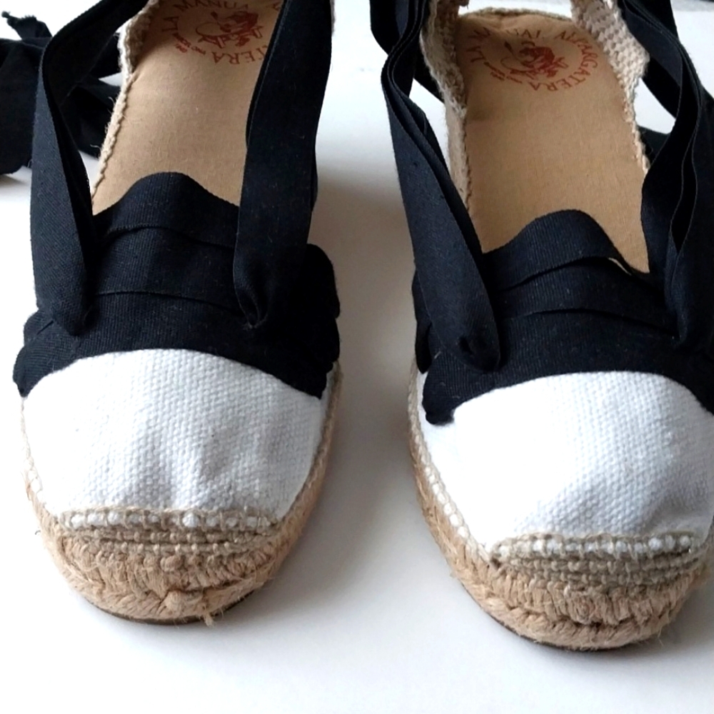 Espadrille Jute Wedge Strappy White Black Weave Leg Ties Size 8-1/2